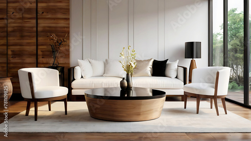 Round wooden table with coffee mock, white sofa, and wall | Interior design of the living room
