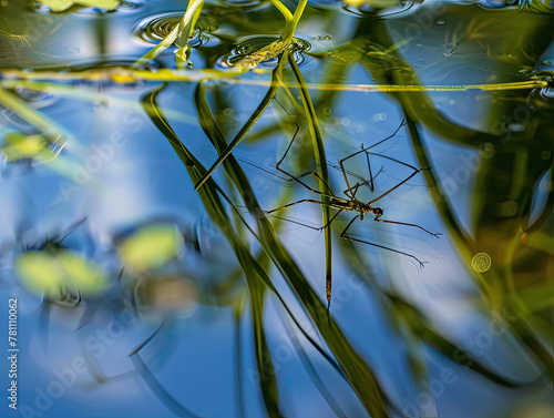 Macro shot of water striders on a pond s surface  with vivid reflections of sky and foliage.