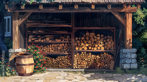 A wooden shed with a barrel of wood stacked inside © kitti