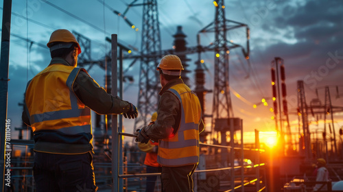 foreman are standing on a platform near a power plant