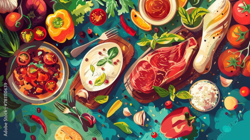 Create an engaging ad background depicting the journey of food from ingredients to a fully prepared meal, ideal for a cooking class advertisement.