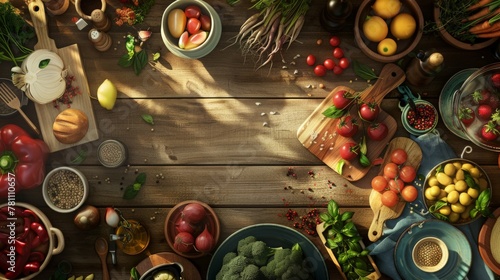 Create an engaging ad background depicting the journey of food from ingredients to a fully prepared meal, ideal for a cooking class advertisement.