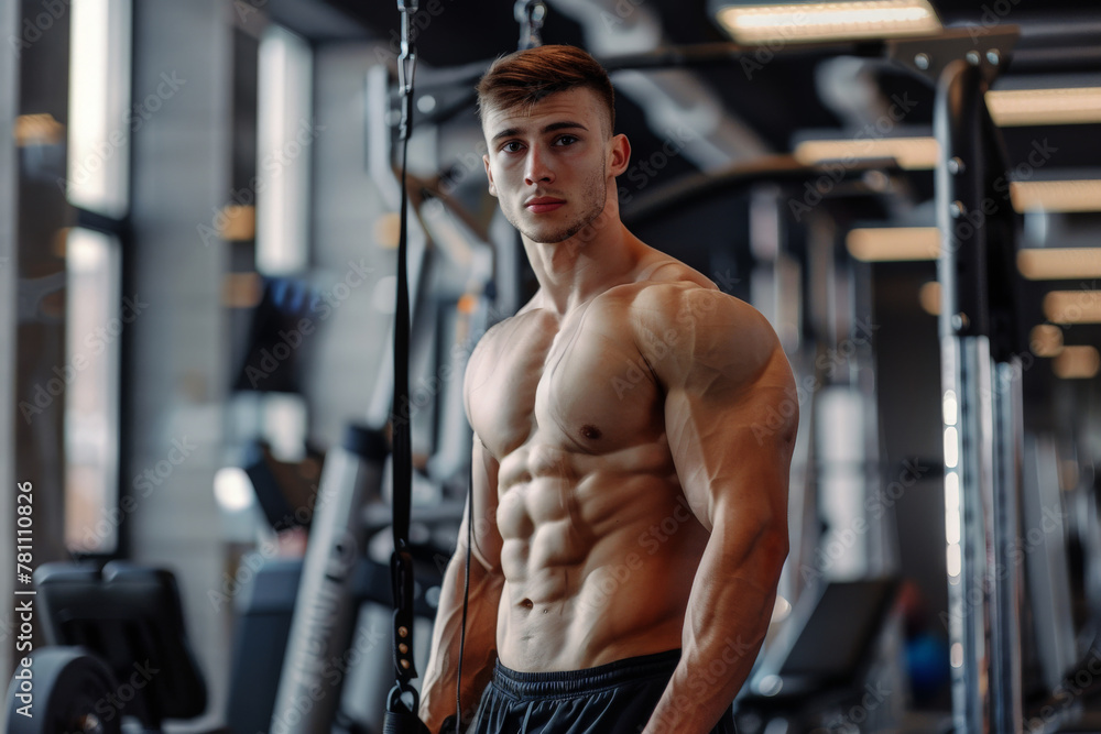 Fototapeta premium Chiseled young man at gym displaying toned abs
