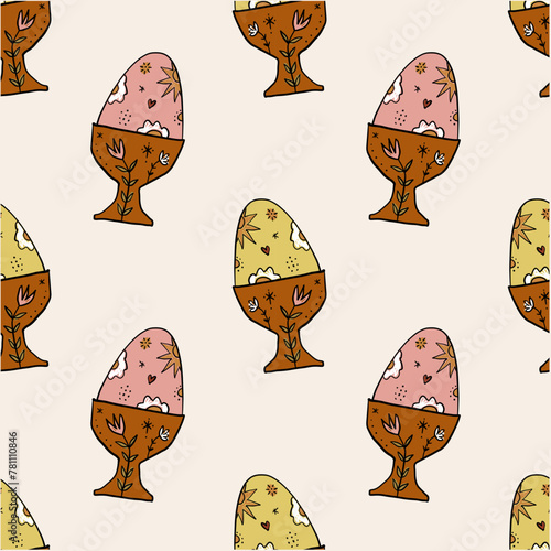 Happy Easter eggs wallpaper trendy cute seamless pattern, spring holiday abstract elements. Good for cards, flyer, leaflet, product label, social networks and more. Boho doodle characters wrapping © Knstart Studio