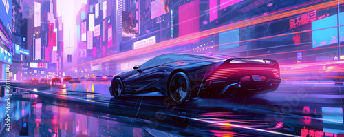 Black futuristic vehicle speeding through urban neon-lit street with reflections. Soft focus. Cyberpunk inspired digital artwork with dynamic city lights. Wide angle view with copy space