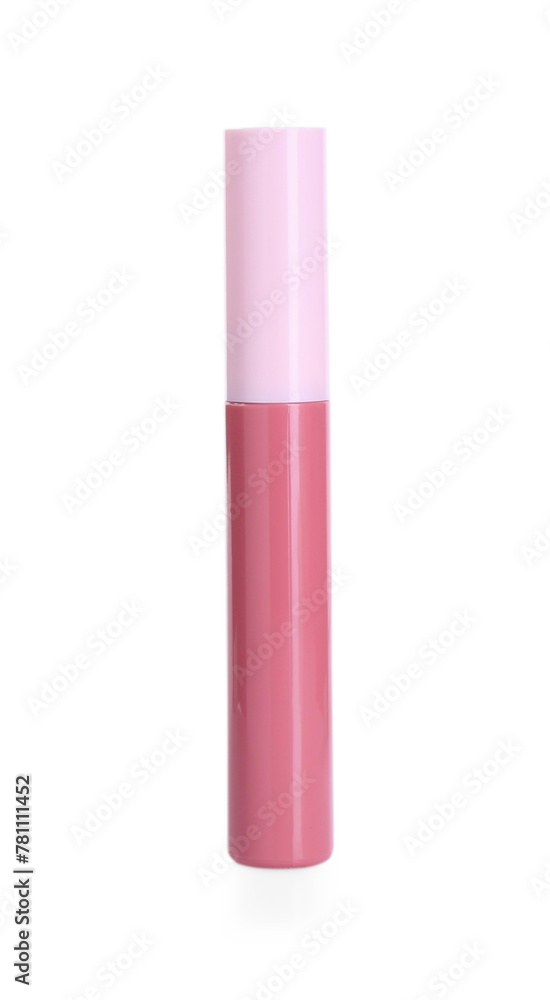 One pink lip gloss isolated on white. Cosmetic product One pink lip gloss isolated on white. Cosmetic product