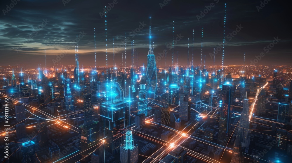 Global network connection, covering the city with lines of innovative perception. The concept of 5G wireless digital communication and the future of the Internet of things.ai generative