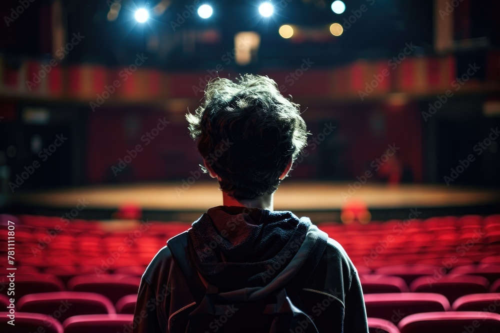 An anxious student overcoming fear of public speaking on the stage, student fear of public speaking on the stage, AI-generated An anxious student overcoming fear of public speaking on the stage, student fear of public speaking on the stage, AI-generated