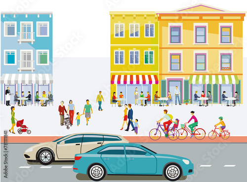 Stadtsilhouette mit Menschengruppen in der Freizeit im Wohnviertel, Illustration © scusi