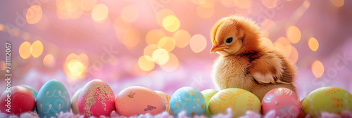 A cute baby chick sitting on colorful Easter eggs, with a soft pastel pink background and bokeh lights in the distance. Dreamy scene perfect for an adorable Easter banner template. Greeting card © VesnAI