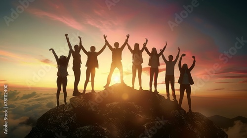 Group of diverse friends celebrating success on mountain summit at sunrise, silhouetted against the sky  Concept of achievement, friendship, and adventure.  © JovialFox