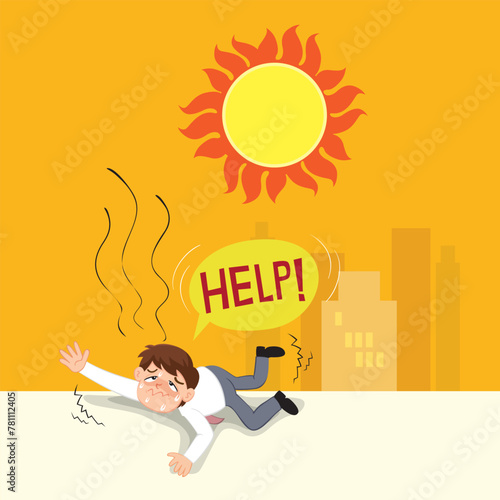 Hand drawn a employee man who falls over in heat stroke. 
Angry sun Stock, Unhealthy heat, Heat Wave concept. Flat, Poster, Vector, Illustration, Cartoon, EPS10.   