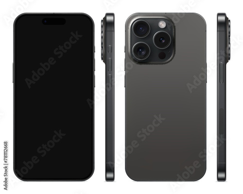 new frameless smartphone grey color with blank screen, front, back and side view, isolated on white background. mockup of realistic and detailed mobile phone with shadow. vector illustration