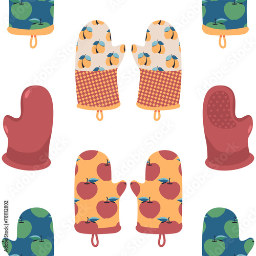 Kitchen mitts vector cartoon seamless pattern.