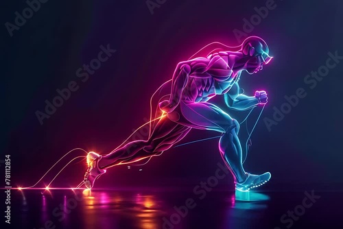 Athlete running in colorful light, in the style of realistic anatomies, multilayered dimensions. photo