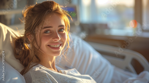Smiling young female patient sitting next to doctor on hospital bed in clinic ward