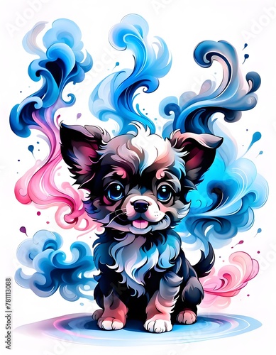 smoke painting of a fluffy cute puppy, smoke art dog, smoke ink puppy, dog made of smoke, Generative AI