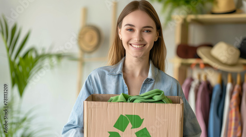 Happy middle aged woman holding cardboard recycling box with clothes. Used clothes. Ecological and sustainable fashion. Fabrics recycling. reduce waste concept. conscious clothing consumption