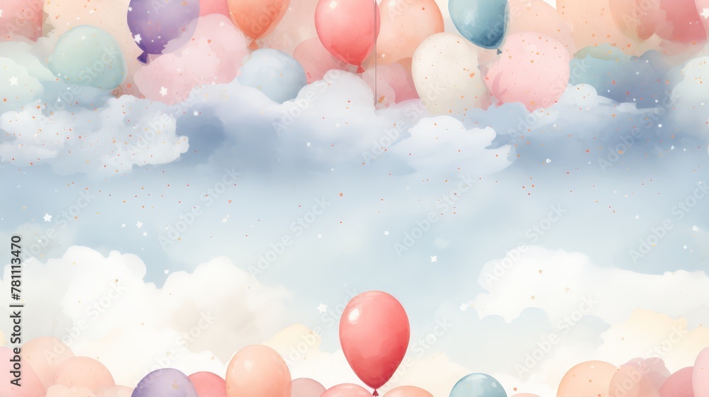 Cloud with Balloons - A cloud tied to a bunch of colorful balloons, Soft Neutrals,Pointillism,Dreamy,Textured Backgrounds,,