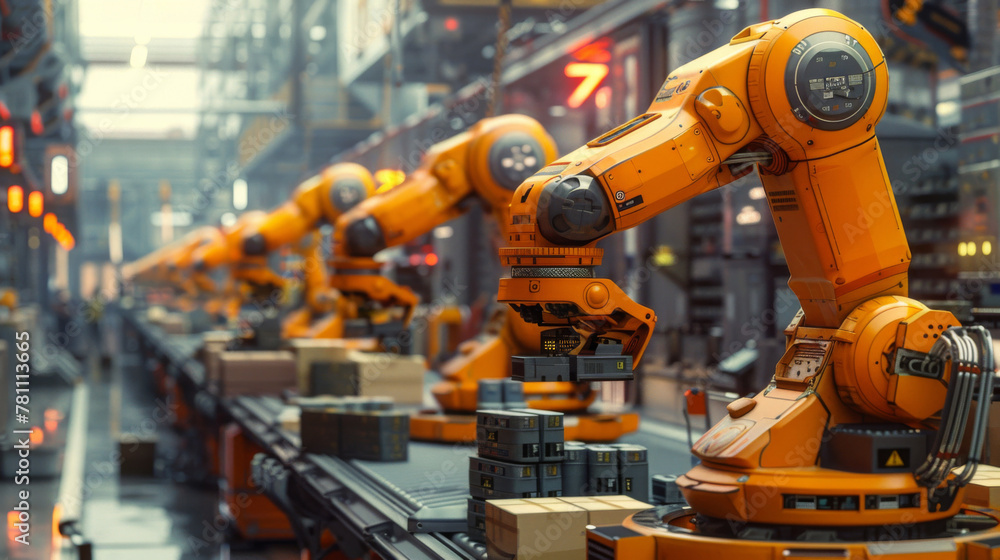 Robotic arm efficiently sorting packages on a conveyor belt in a futuristic warehouse. Robotic arm efficiently sorting packages on a conveyor belt in a futuristic warehouse.