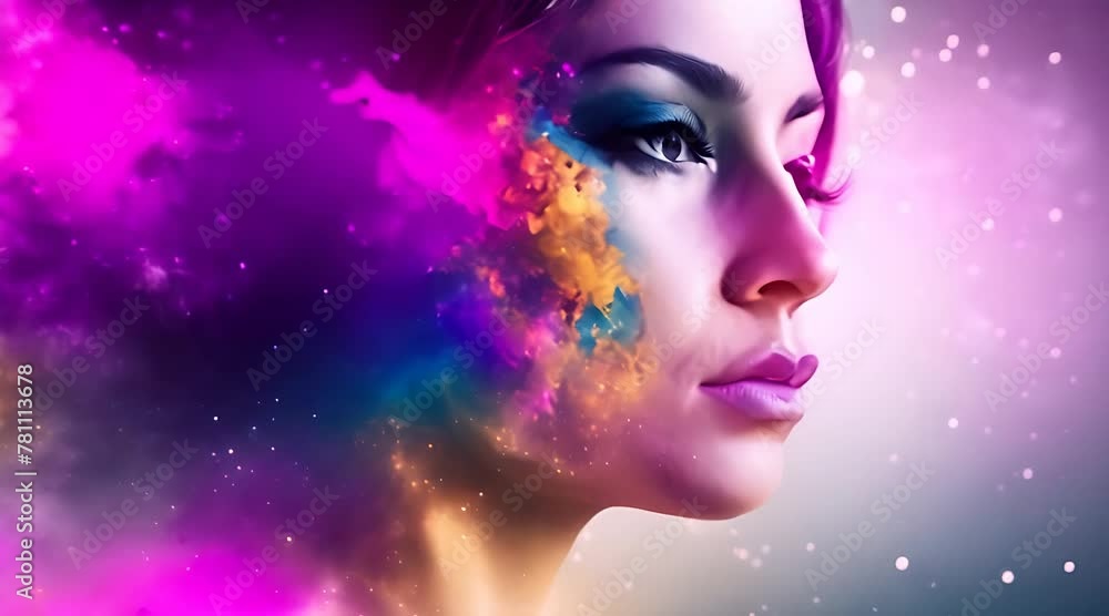 A demonstration of a woman's face meticulously painted with a realistic space theme, featuring stars, planets, galaxies, and cosmic elements. A demonstration of a woman's face meticulously painted with a realistic space theme, featuring stars, planets, galaxies, and cosmic elements.