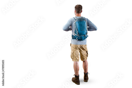 Rear View of a Hiker with a Backpack Isolated from Background