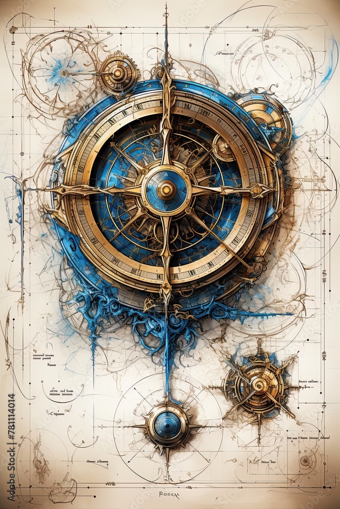 Nautcal compass blueprint, sketch , technical drawing. Exploration and sailing concept. Poster design. Ai Generative