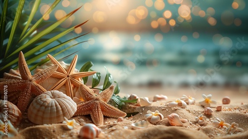 Summer decoration on the beach with a starfish, bokeh lights and blurry ocean, copy space for your own text.