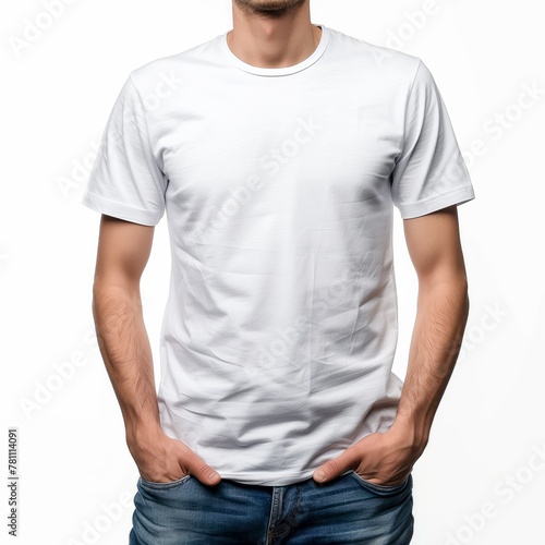 Man in plain white t-shirt on white background