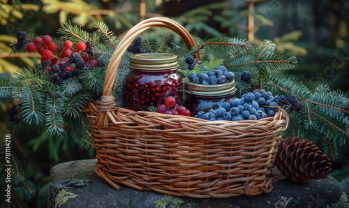 health  beautiful low wicker basket filled with jars of medicine  blueberries  lingonberries and pine branches