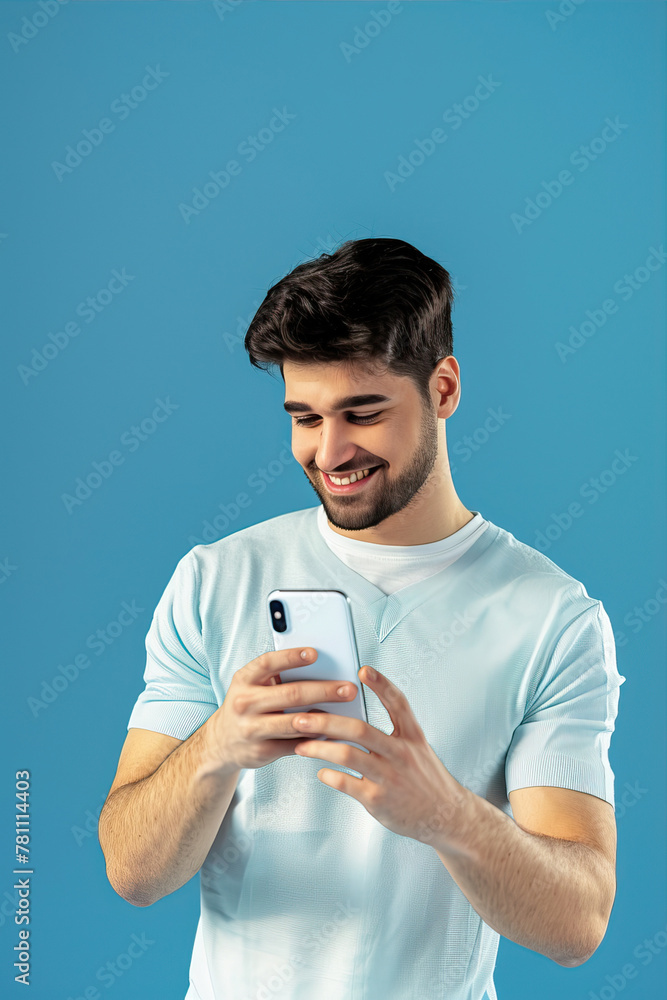 A man on a blue background smiles and looks at the phone
A man on a blue background smiles and looks at the phone