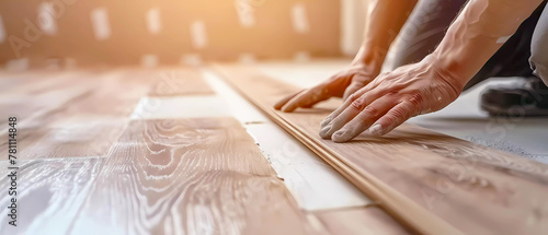 Worker installing laminate wooden floor close up. Generative ai design concept art.