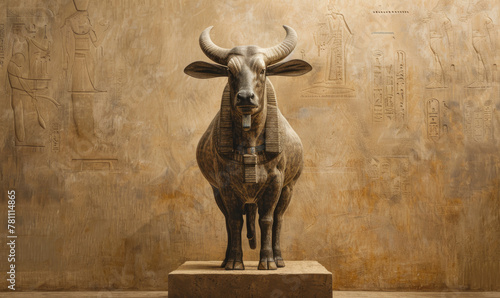 a studio shot of a closeup of A full body portrait photography of the Egyptian bull Apis, god, beige light in the background, looking at the camera photo