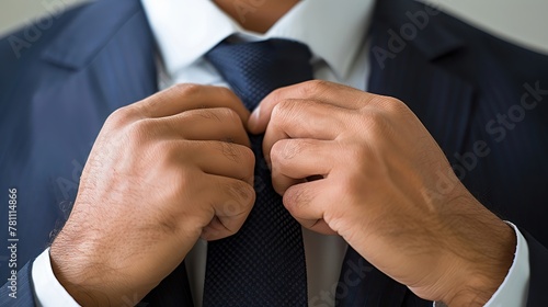 A close-up view of a businessmans hands as he meticulously adjusts his tie