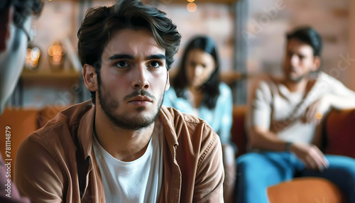 Frustrated young man in therapy session. Generative ai design concept art.