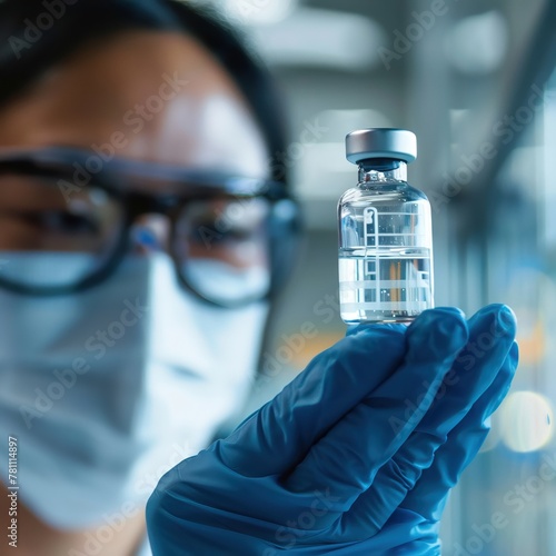 A scientist examining a vial of new vaccine photo