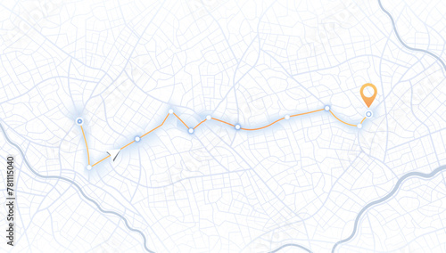 Navigation system showing tracking navigation in progress on the streets. Track navigation pin on street maps, navigate mapping locate position pin. Vector illustration