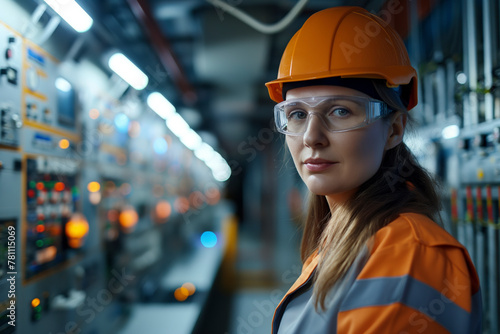 A woman in an orange safety vest and hard hat stands in an industrial setting with a focused expression, illuminated by the soft glow of control panel lights. photo