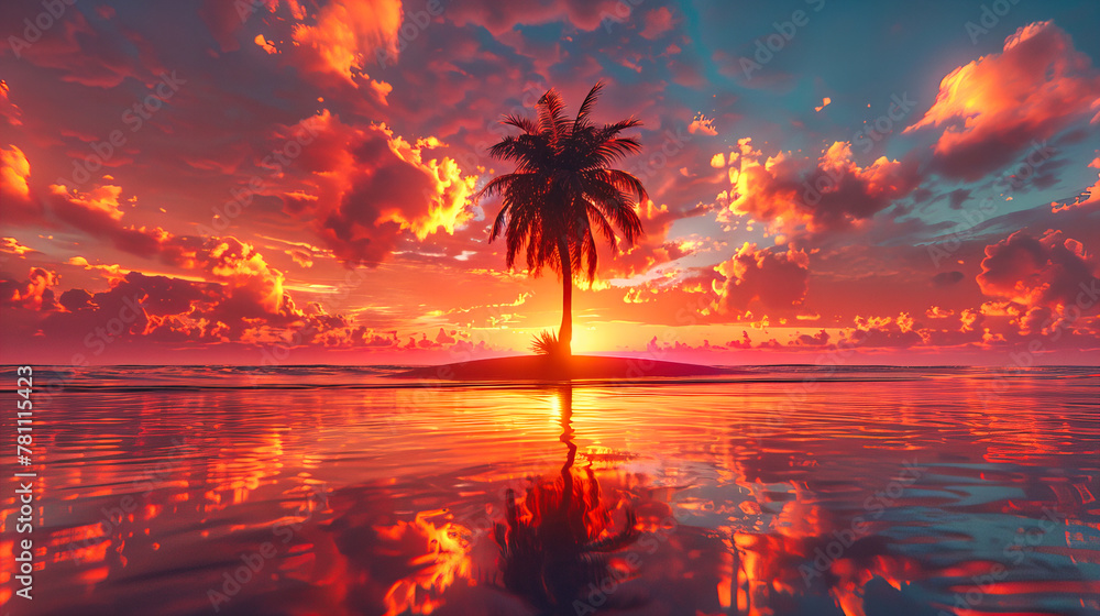 A Stunning Tropical Sunset, Painting the Sky and Sea with Shades of Orange and Red, Inviting a Moment of Zen
