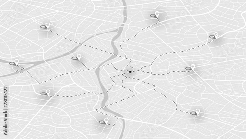 Concept of your location on map. Navigation to poi. Simple scheme of isometric city. Location tracks dashboard. Generic city map with signs of streets, roads, house. Vector illustration, background