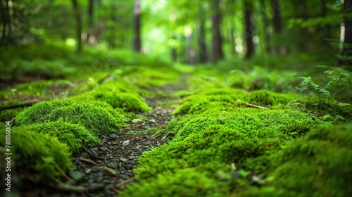 The vibrant green of moss underfoot on a forest trail