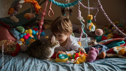 Child plays with the cat on the bed among his toys