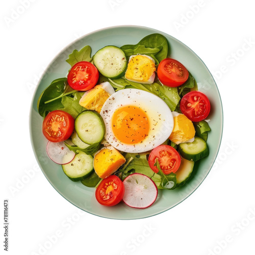 A plate of salad with a boiled egg on top