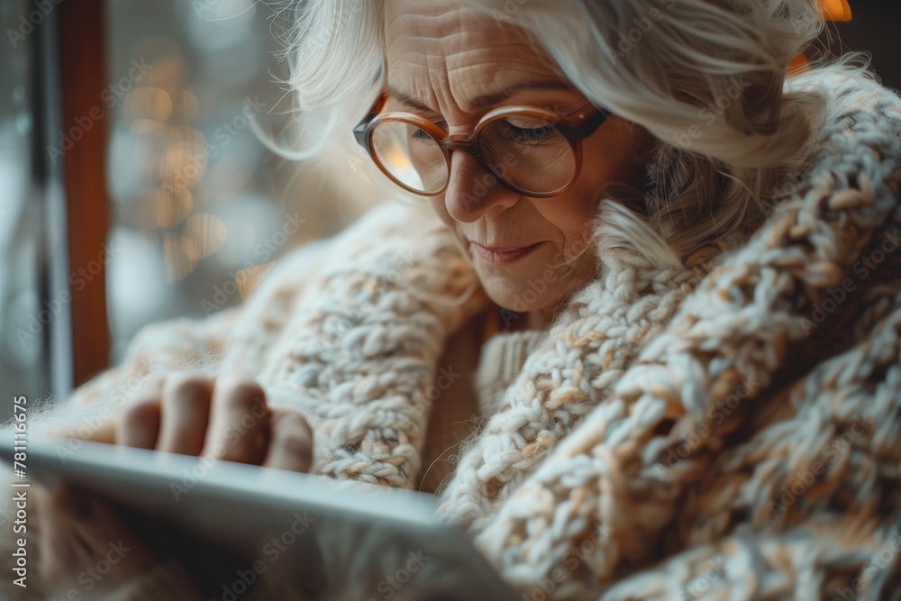 Cozy senior woman reading on tablet Cozy senior woman reading on tablet