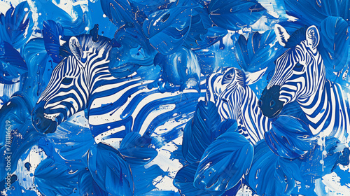 A painting of three zebras in a blue and white background. The zebras are surrounded by leaves and flowers  giving the painting a natural and vibrant feel