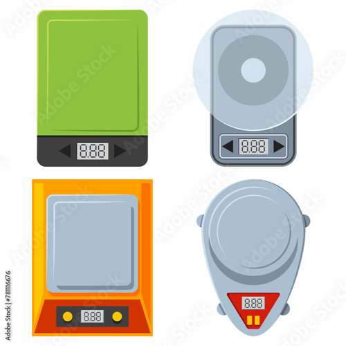 Kitchen scales top view vector cartoon set isolated on a white background.