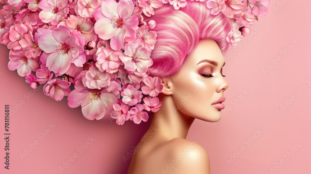 A woman with pink hair standing sideways, with flowers arranged on her head The concept of hair care with means that improve their condition. A woman with pink hair standing sideways, with flowers arranged on her head The concept of hair care with means that improve their condition.