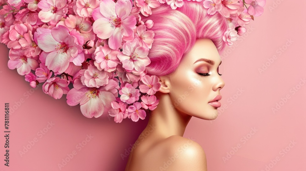 A woman with pink hair standing sideways, with flowers arranged on her head The concept of hair care with means that improve their condition.