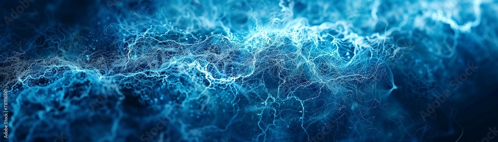 An artistic representation of a neural network in electric blue, highlighting complex connections reminiscent of brain activity or artificial intelligence. - obrazy, fototapety, plakaty 
