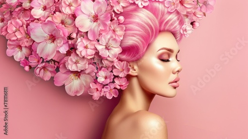 A woman with pink hair standing sideways, with flowers arranged on her head The concept of hair care with means that improve their condition. photo